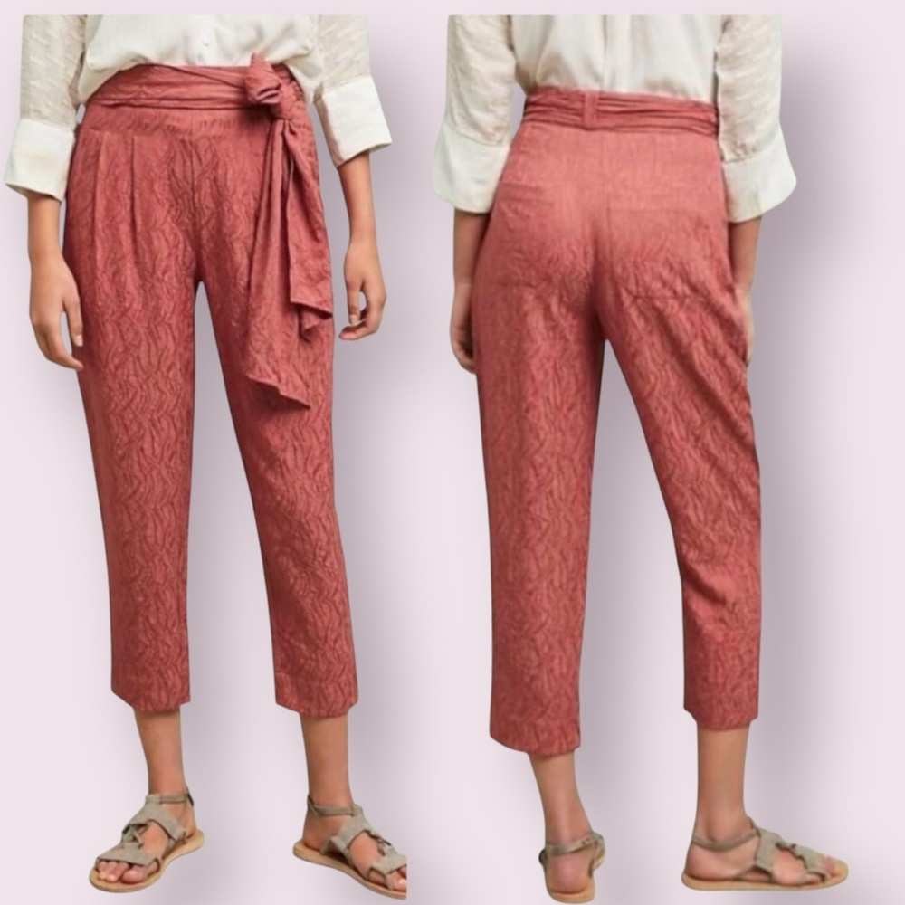 Anthropologie Cropped Tie-Waist Jacquard Pants in Dusty Rose